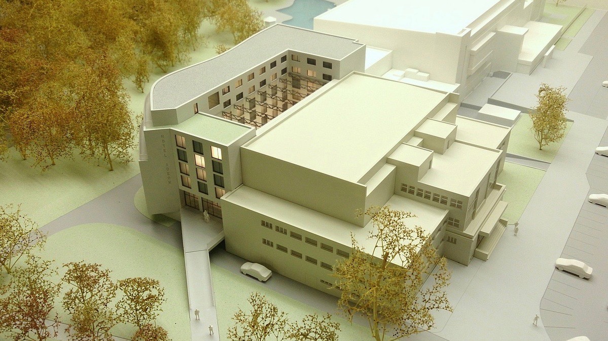 3D návrh kongresového hotelu Ideon Pardubice z přední části